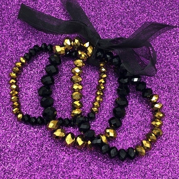 🌼 Set of 3 Black & Gold Glass Beaded Stretch Bracelets - Picture 1 of 3